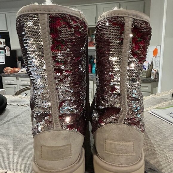 UGG Classic Short Sequin Boots - Silver, Red, and Green - Picture 3 of 4